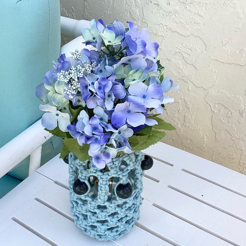 Vase Macrame Hand Crafted Floral Decor Accent Blue Navy Beads Botanical Gift - Picture 4 of 12
